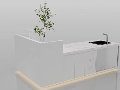 Modern White Reception Desk With Marble Countertop Sink And Small Plant 3d model