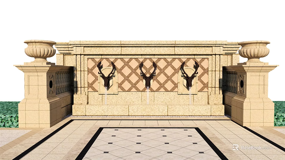Stone Feature Wall With Diamond Pattern Deer Head Decorations And Pillar Ornaments 3d model