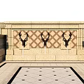 Stone Feature Wall With Diamond Pattern Deer Head Decorations And Pillar Ornaments 3d model