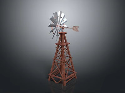 Vintage Windmill Model With Metal Blades And Wooden Tower Structure 3d model