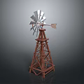 Vintage Windmill Model With Metal Blades And Wooden Tower Structure