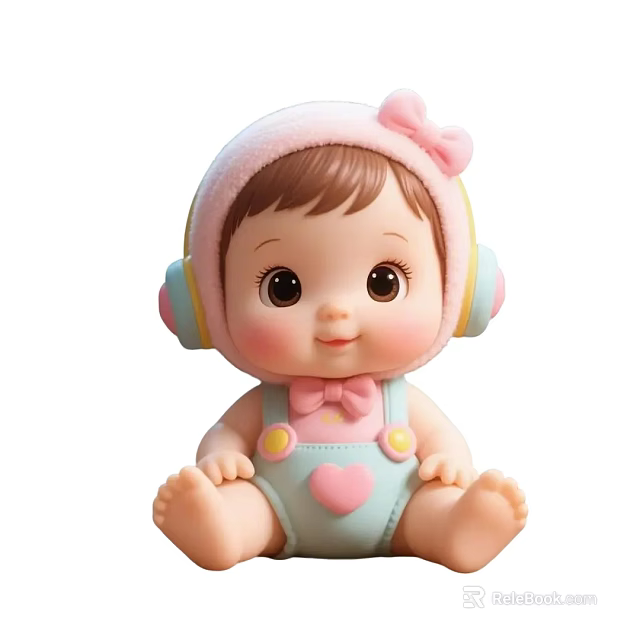 Cute Baby Doll Game and Movie Character with Pink Headband Headphones Blue Overalls and Heart 3d model 