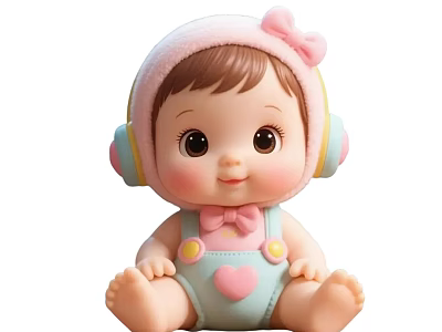 Cute Baby Doll Game and Movie Character with Pink Headband Headphones Blue Overalls and Heart 3d model