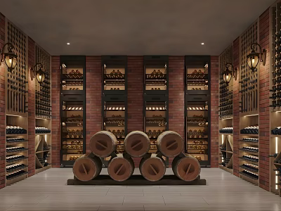 Classic Wine Cellar Interior With Wooden Barrels Brick Walls And Wine Racks 3d model