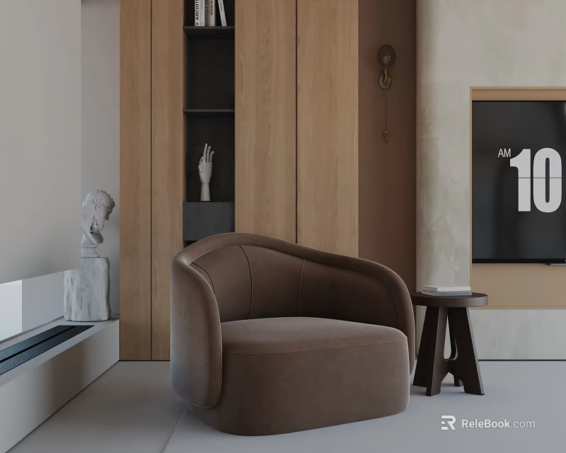 Cozy Brown Velvet Accent Chair In Modern Living Room With Wooden Cabinets And Side Table 3d model 