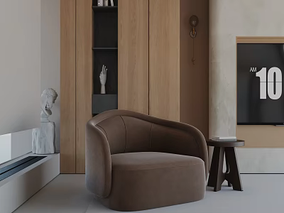 Cozy Brown Velvet Accent Chair In Modern Living Room With Wooden Cabinets And Side Table 3d model