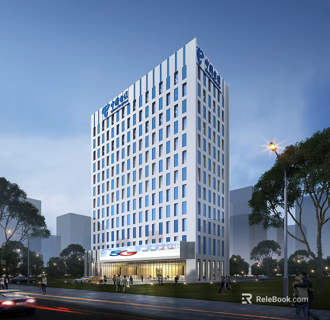 Sleek Modern Office Building With Glass Curtain Wall High Rise Structure And Urban Landscaping 3d model 