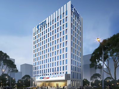 Sleek Modern Office Building With Glass Curtain Wall High Rise Structure And Urban Landscaping 3d model