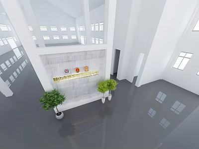Spacious Government Service Hall With Bright Lighting Reception Desk Logos Green Plants And Large Windows 3d model