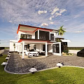 Two Story Detached House Red Roof Black Accents Porch Stone Paved Driveway And Palm Trees