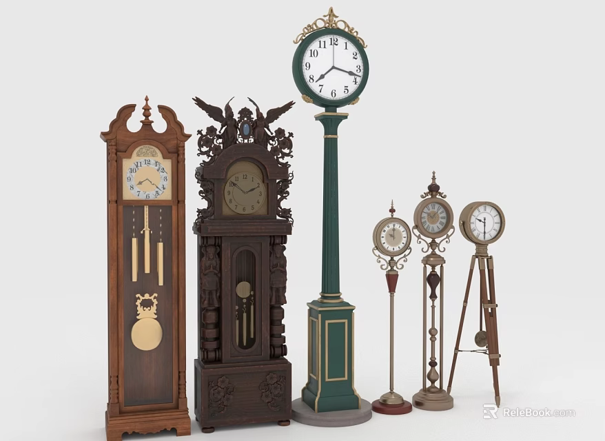Classical Vintage Clocks Including Wooden Floor Mantel And Metal Pedestal Styles 3d model 