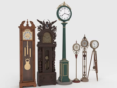 Classical Vintage Clocks Including Wooden Floor Mantel And Metal Pedestal Styles 3d model