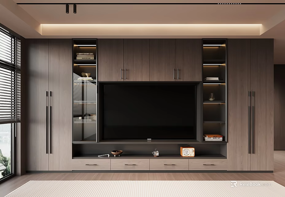Modern Wooden TV Wall Design With Storage Cabinets Glass Doors And LED Lighting 3d model 