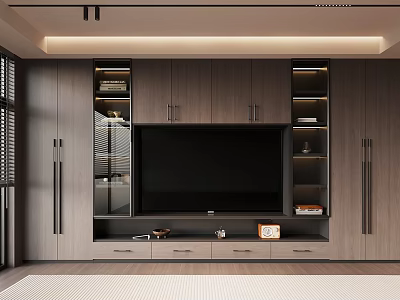 Modern Wooden TV Wall Design With Storage Cabinets Glass Doors And LED Lighting 3d model