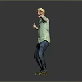 Man In Yellow Cap Green Shirt Blue Jeans Brown Shoes Arms Outstretched Against Gray Background