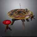 Rustic Round Wooden Table With Red Stool Cups Knife And Fishing Rod