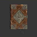 Ancient Leather Bound Book With Ornate Metal Embellishments And Decorative Chain