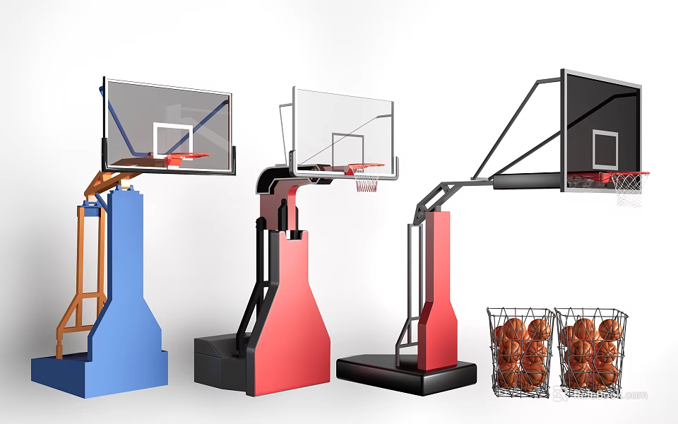 Professional Basketball Court With Multiple Colorful Hoops And Basketball Storage Baskets 3d model 