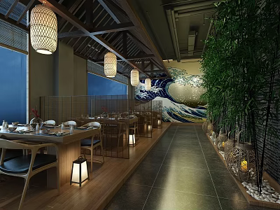 Traditional Japanese Restaurant Interior With Wooden Ceiling Washi Lanterns Wave Mural And Green Plants 3d model
