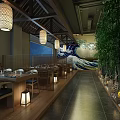 Traditional Japanese Restaurant Interior With Wooden Ceiling Washi Lanterns Wave Mural And Green Plants