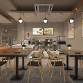 Bright Dessert Shop Interior With Wooden Tables Chairs Hanging Lights And Wall Posters