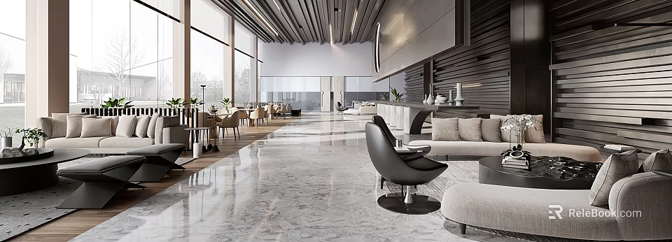 Modern Lounge Area Interior With Stylish Furniture Marble Floor Potted Plants And Ceiling Designs 3d model 