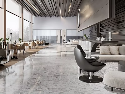 Modern Lounge Area Interior With Stylish Furniture Marble Floor Potted Plants And Ceiling Designs 3d model