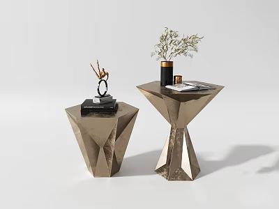 Geometric Golden Side Tables with Decorative Sculpture Vase and Books in Modern Living Space 3d model