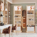 Elegant Cosmetic Store Interior With Display Shelves Mirrors And Chairs