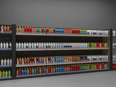Retail Display Shelves With Colorful Bottled Products Neatly Arranged On Layers 3d model