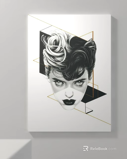 Modern Black and White Portrait With Curly Hair Geometric Shapes Golden Lines and Facial Features 3d model 