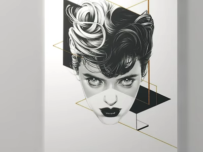 Modern Black and White Portrait With Curly Hair Geometric Shapes Golden Lines and Facial Features 3d model
