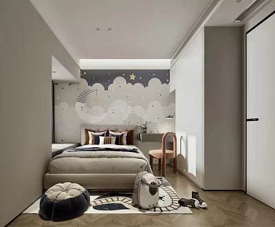 Cozy Children's Room With Star Moon Cloud Wall Decor Bed And Stuffed Toys On Rug 3d model