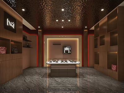 Luxury Boutique Store Interior With Wooden Shelves Display Counter Accessories And Shiny Ceiling 3d model
