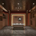Luxury Boutique Store Interior With Wooden Shelves Display Counter Accessories And Shiny Ceiling