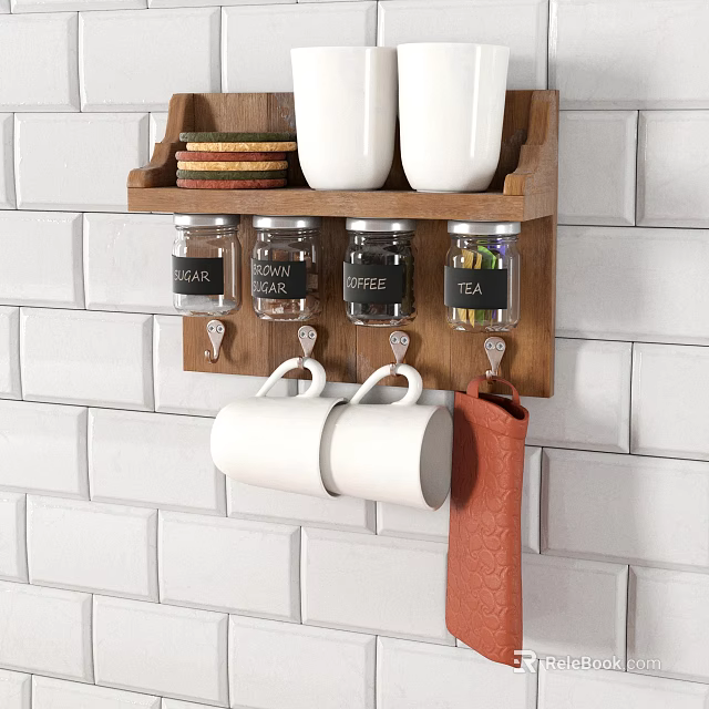 Wooden Kitchen Wall Rack With Glass Jars Coasters Mugs And Towel On White Brick Wall 3d model 