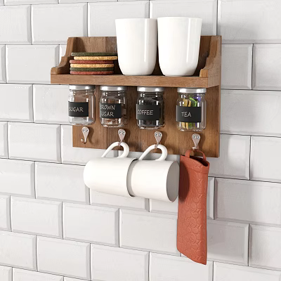 Wooden Kitchen Wall Rack With Glass Jars Coasters Mugs And Towel On White Brick Wall 3d model