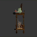 Wooden Console Table With Mirror Decorative Plate Green Pitcher Wicker Basket And Carved Legs