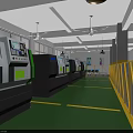 Factory Workshop Interior With Yellow Fences Machine Tools Green Floor And Hanging Lamps