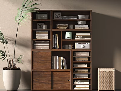 Wooden Bookcase With Multiple Shelves Books Decor Items Green Plant And Wicker Basket 3d model