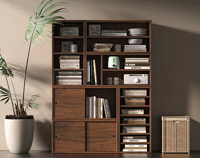 Wooden Bookcase With Multiple Shelves Books Decor Items Green Plant And Wicker Basket 3d model
