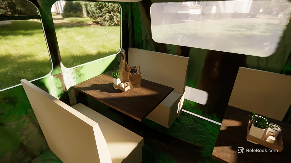 Cozy Restaurant Interior With Green Wood Grain Benches Tables And Natural Light Through Windows 3d model 