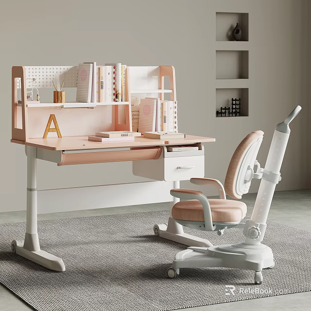 Pink Kids Study Desk With Bookshelf And Ergonomic Chair For Learning 3d model 