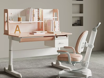 Pink Kids Study Desk With Bookshelf And Ergonomic Chair For Learning 3d model