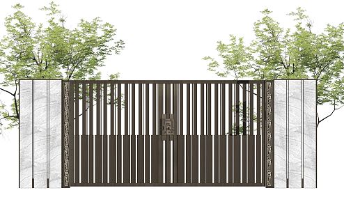 New Chinese Style Gate Patio Door Fire Door Metal Grille Courtyard Door 3d model