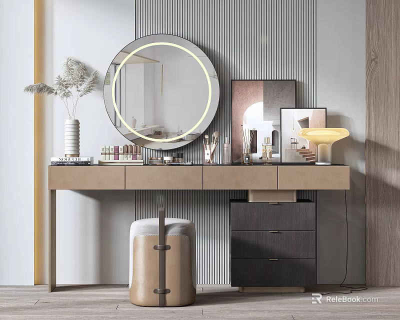 Modern Dressing Table Interior With Round Mirror Cosmetics Stool And Striped Wall 3d model