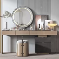 Modern Dressing Table Interior With Round Mirror Cosmetics Stool And Striped Wall 3d model