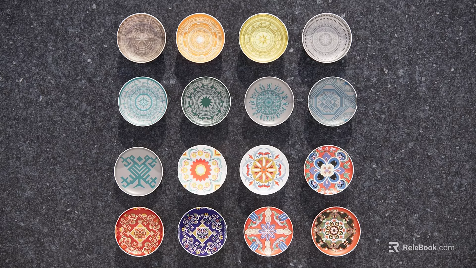 Multiple Circular Decorative Pendants with Various Colors and Different Patterns on Dark Background 3d model 