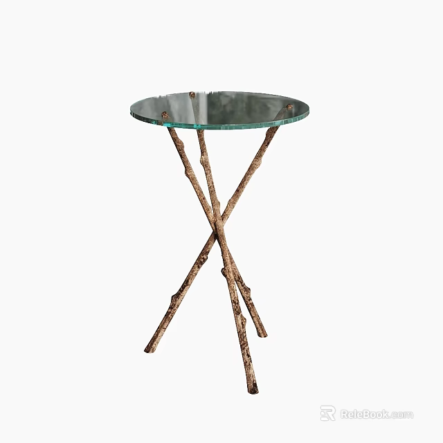 Modern Coffee Table With Round Glass Top And Crossed Branch Like Legs 3d model 