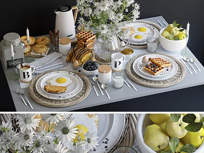 Tasty Breakfast Table with Waffles Fried Eggs Blueberries Pastries and Fresh Pears Decorated with Flowers 3d model